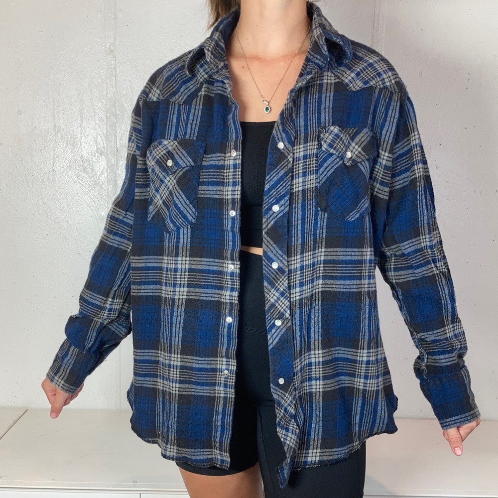 Wrangler Navy + Black Plaid Flannel Button Down Casual Long Sleeve Shirt